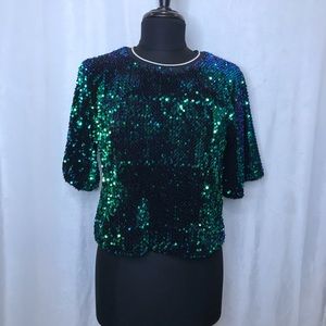 DO+BE blue/green full sequin 3/4 sleeve top